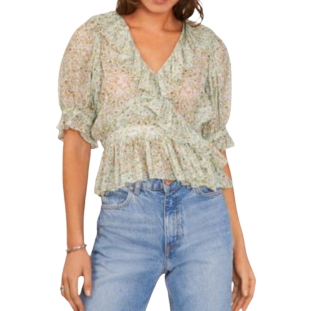 1 STATE Womens Blouse‎ Floral Print Ruffle V Neck Short Sleeve Peplum Top M